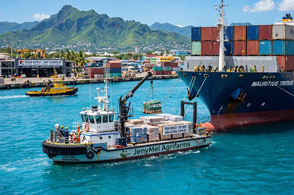 Animated vessel approaching Port Louis at sea